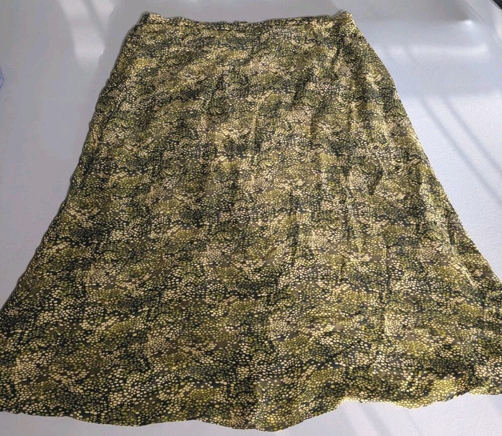 Valerie Stevens 100% Silk 24W A Line Maxi Skirt Black Green Abstract Dot Fairy
